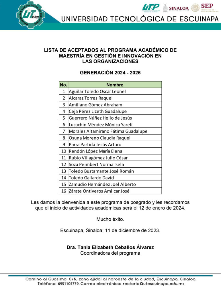 2023 12 Lista de aceptados Mtria Universidad Tecnológica de Escuinapa